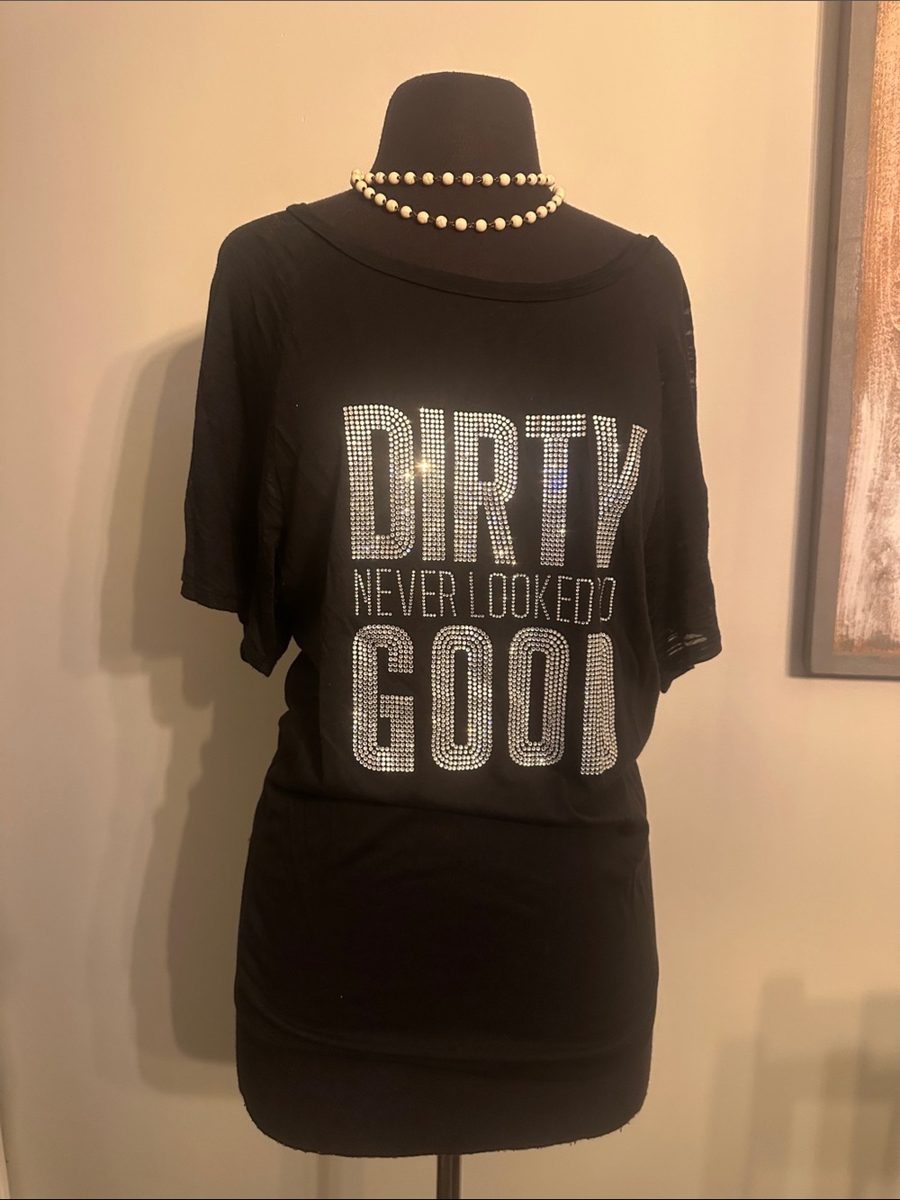 Black Short Sleeve Tee with Rhinestone 'DIRTY NEVER LOOKED GOOD'